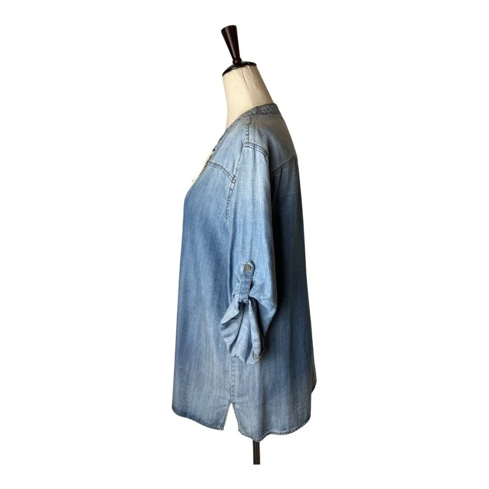 Karlie‎ Shirt Women Large Blue Chambray Tencel Lace Up Roll Tab Sleeve Tunic Top
